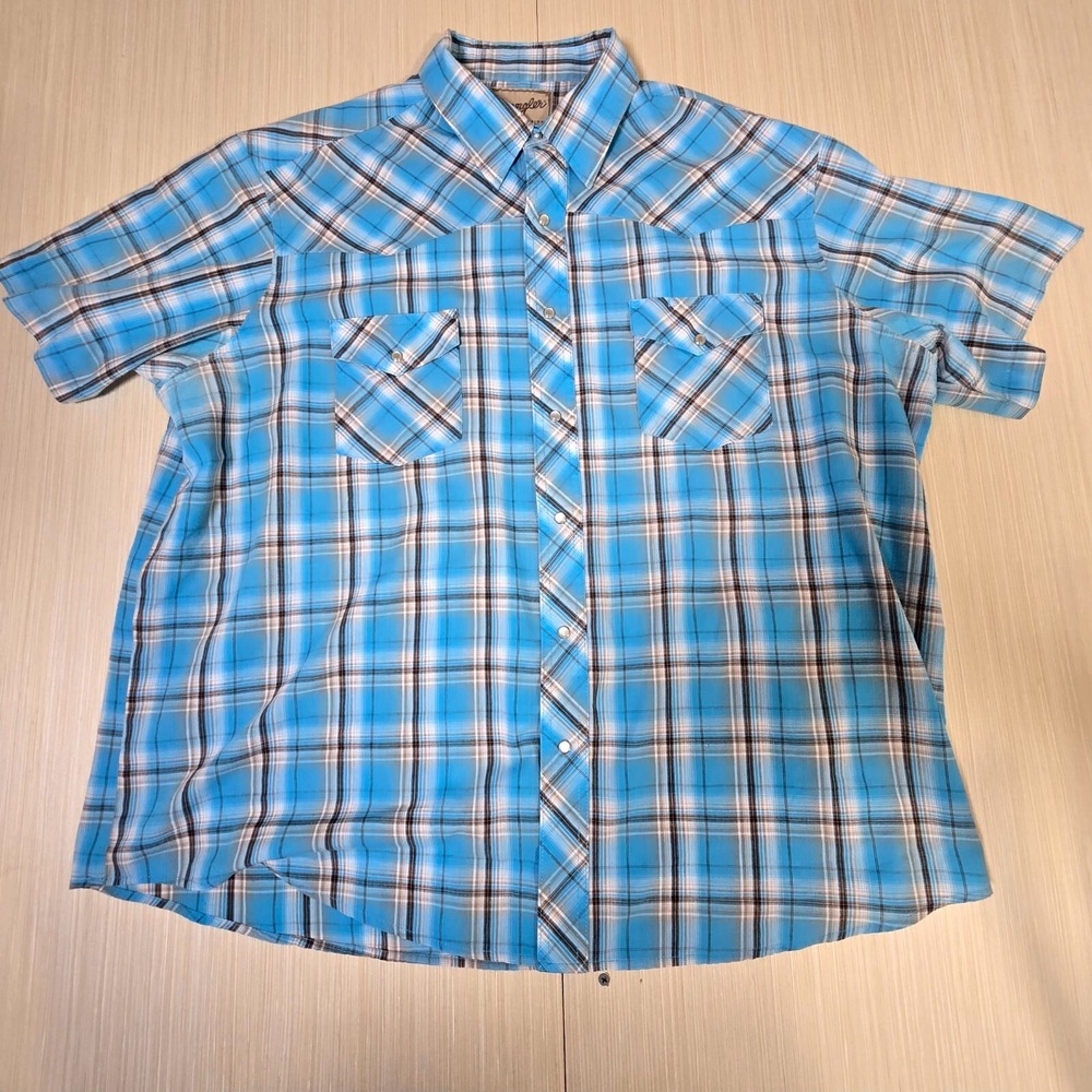 Wrangler Shirt Mens 2XL Blue Plaid Cotton Short Sleeve Classic Casual Snap Front